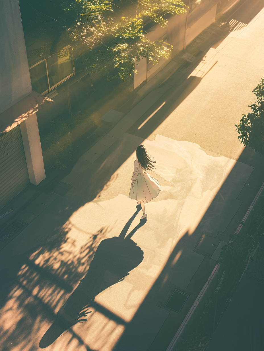 Japanese woman in white dress walks through sunlit alley.