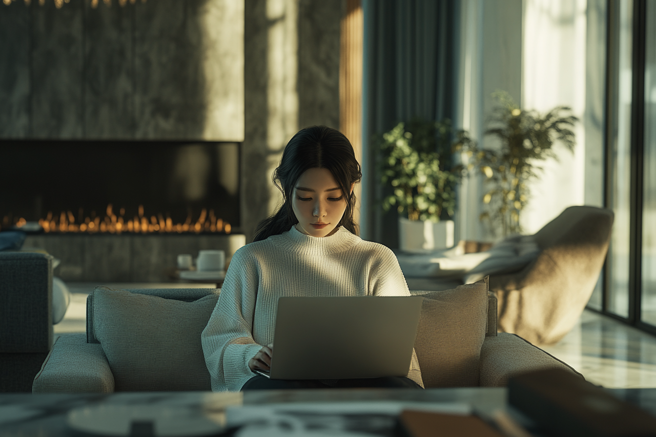 photo of Japanese woman managing finances on laptop in cozy room