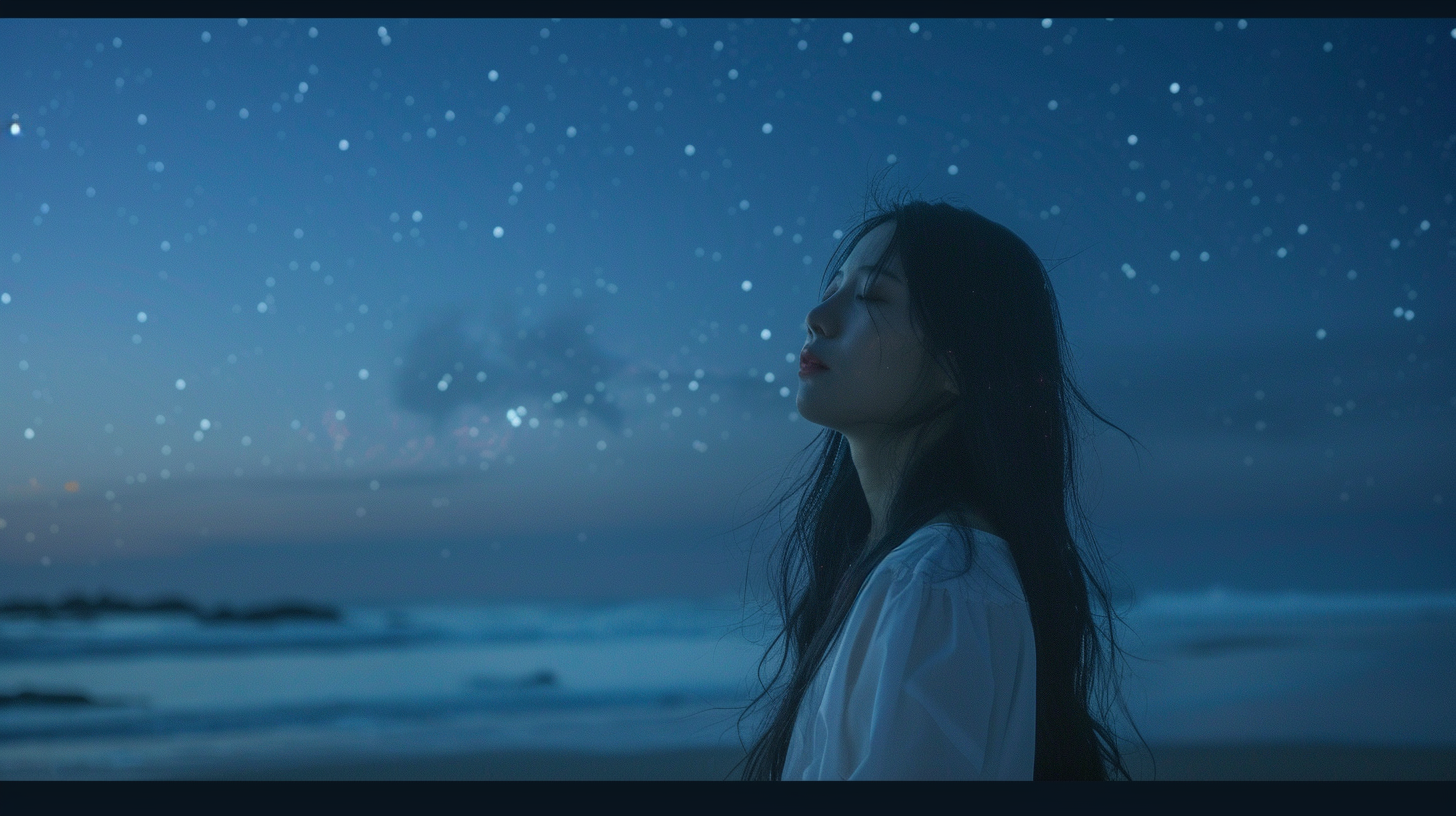 Japanese woman with long black hair standing on beach at night.