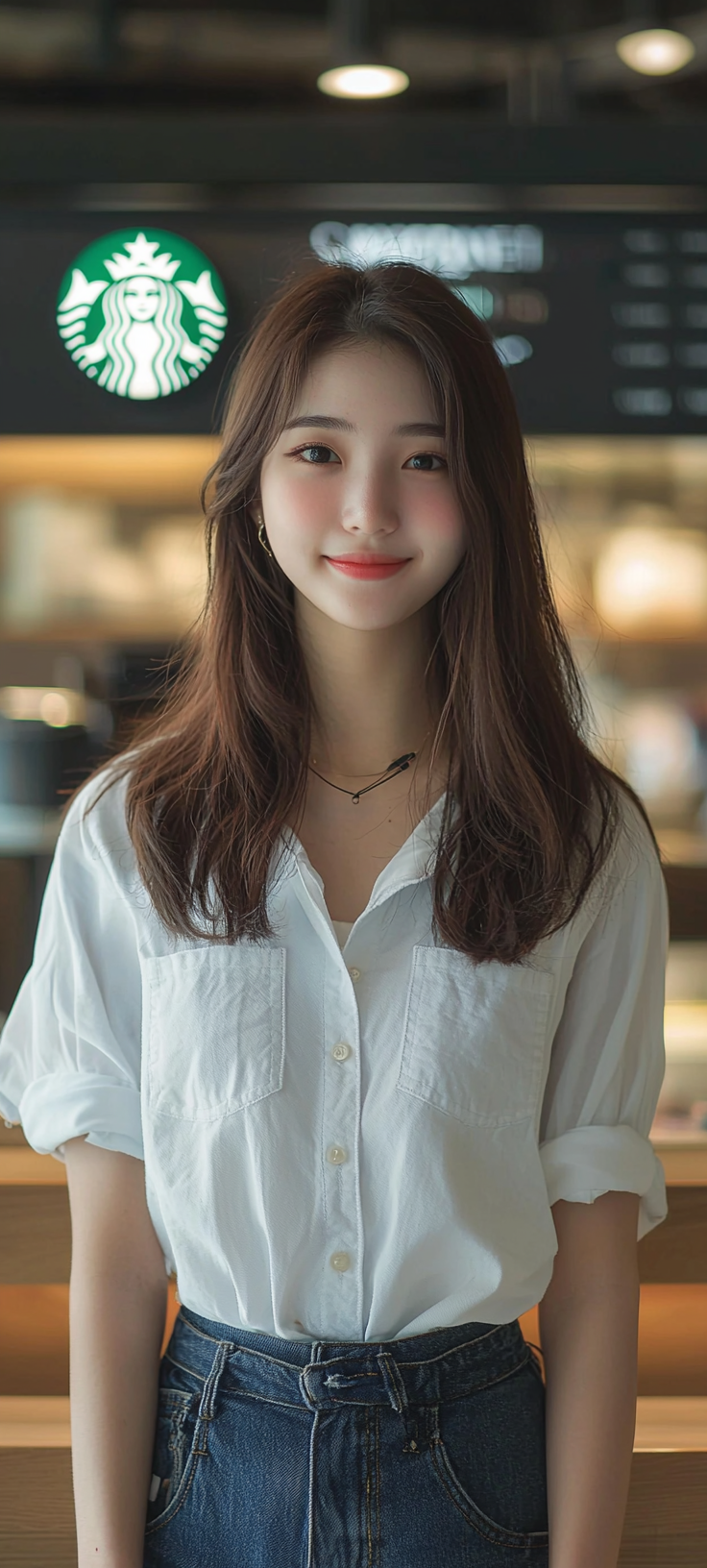 Japanese woman with neat hair, smiling at Starbucks.