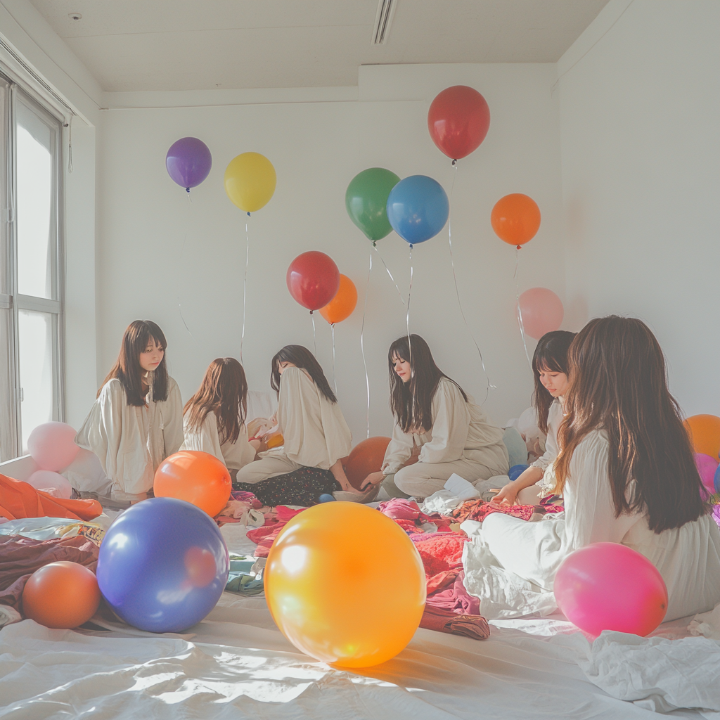 Japanese women in white room with balloons and clothes.