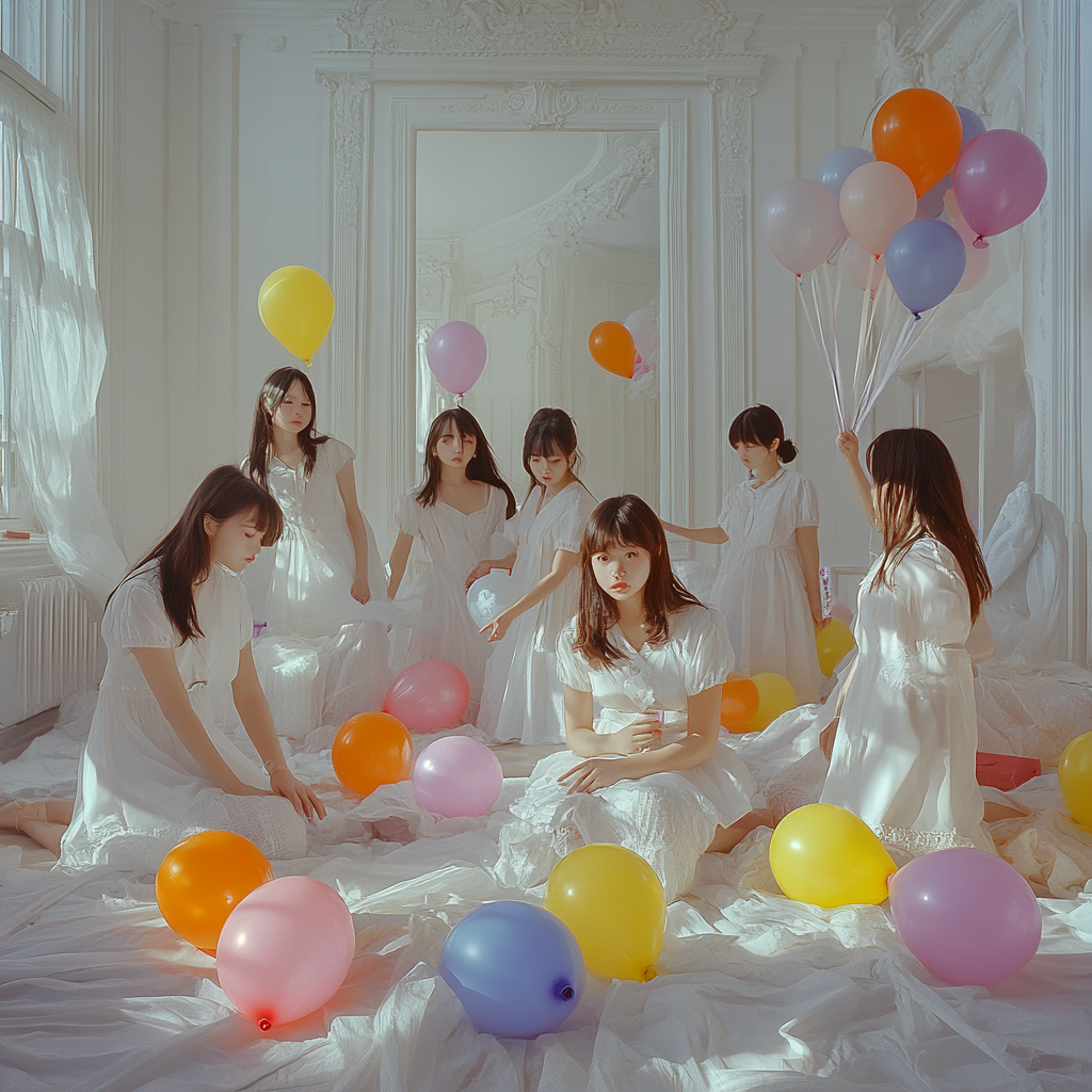 Japanese women with balloons in colorful room.