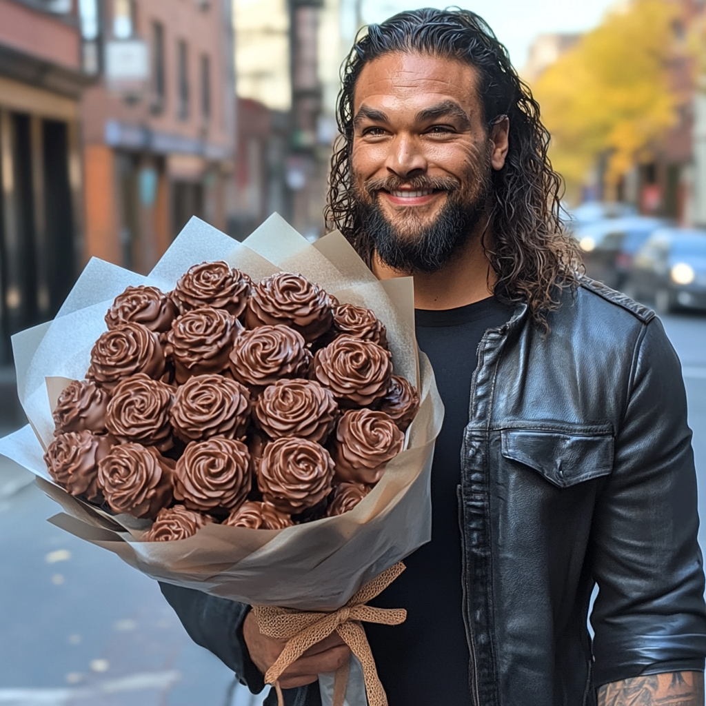 Jason Momoa holding bouquet of chocolate roses, smiling happily.