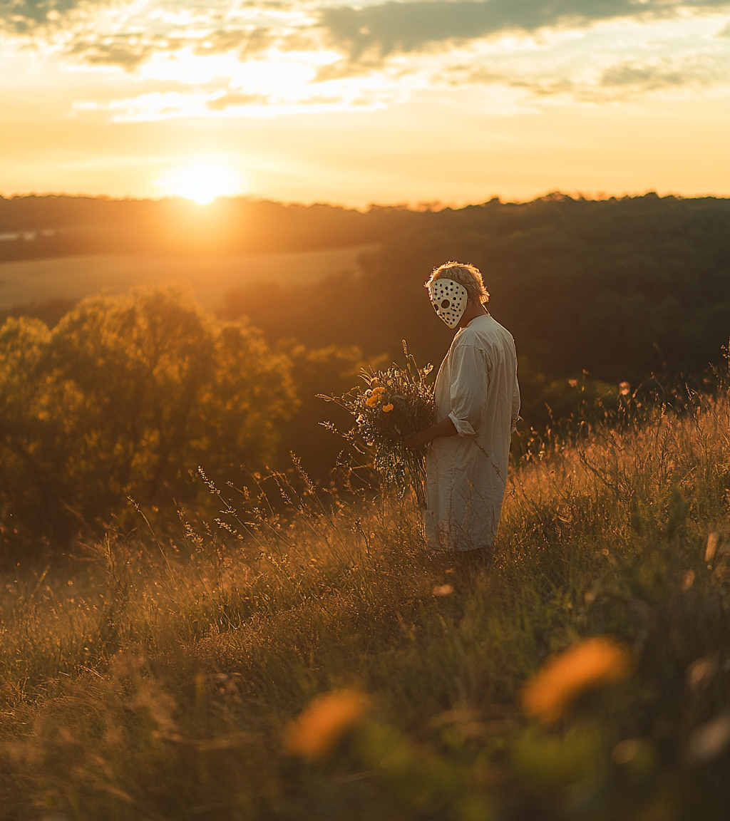 Jason Vorhees poses with bouquet in golden hour.