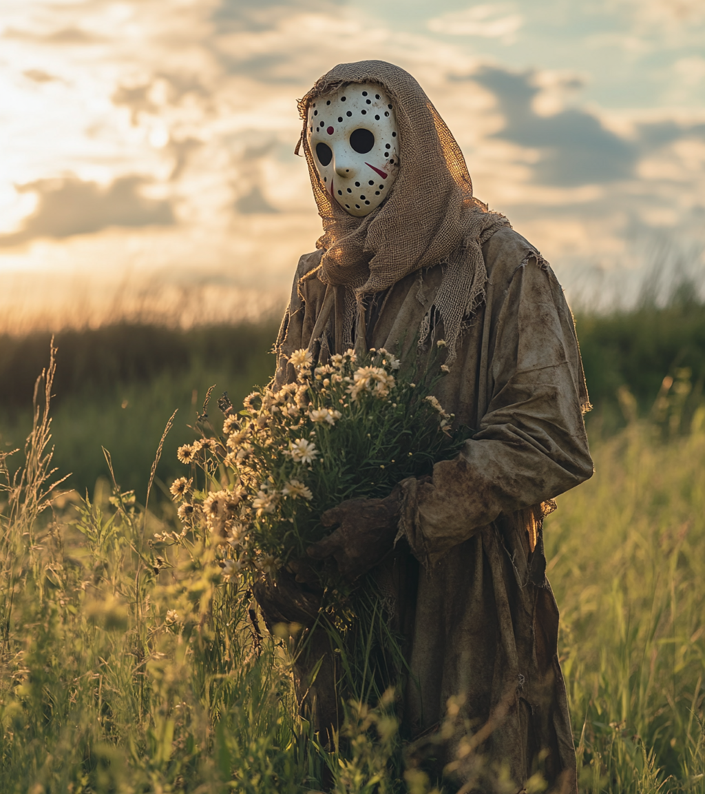 Jason holds wildflowers on hillside in golden hour.