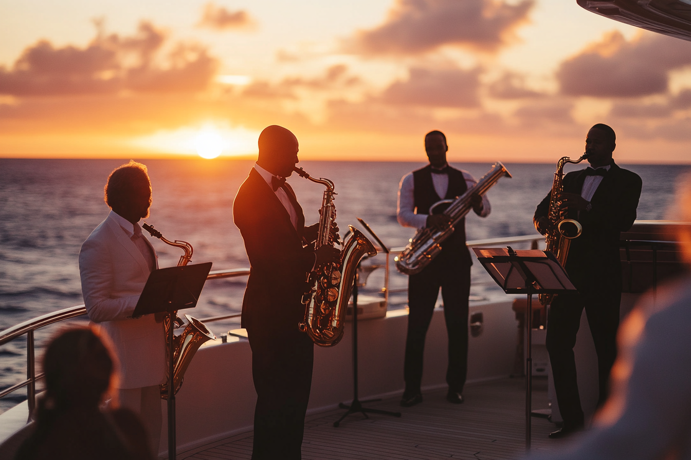 Jazz band on yacht with guests, ocean sunset glow.