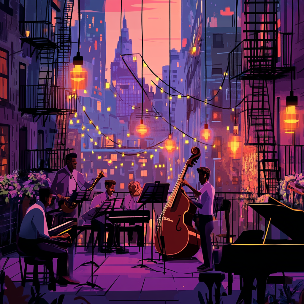 Jazz musicians play on city rooftop at night.