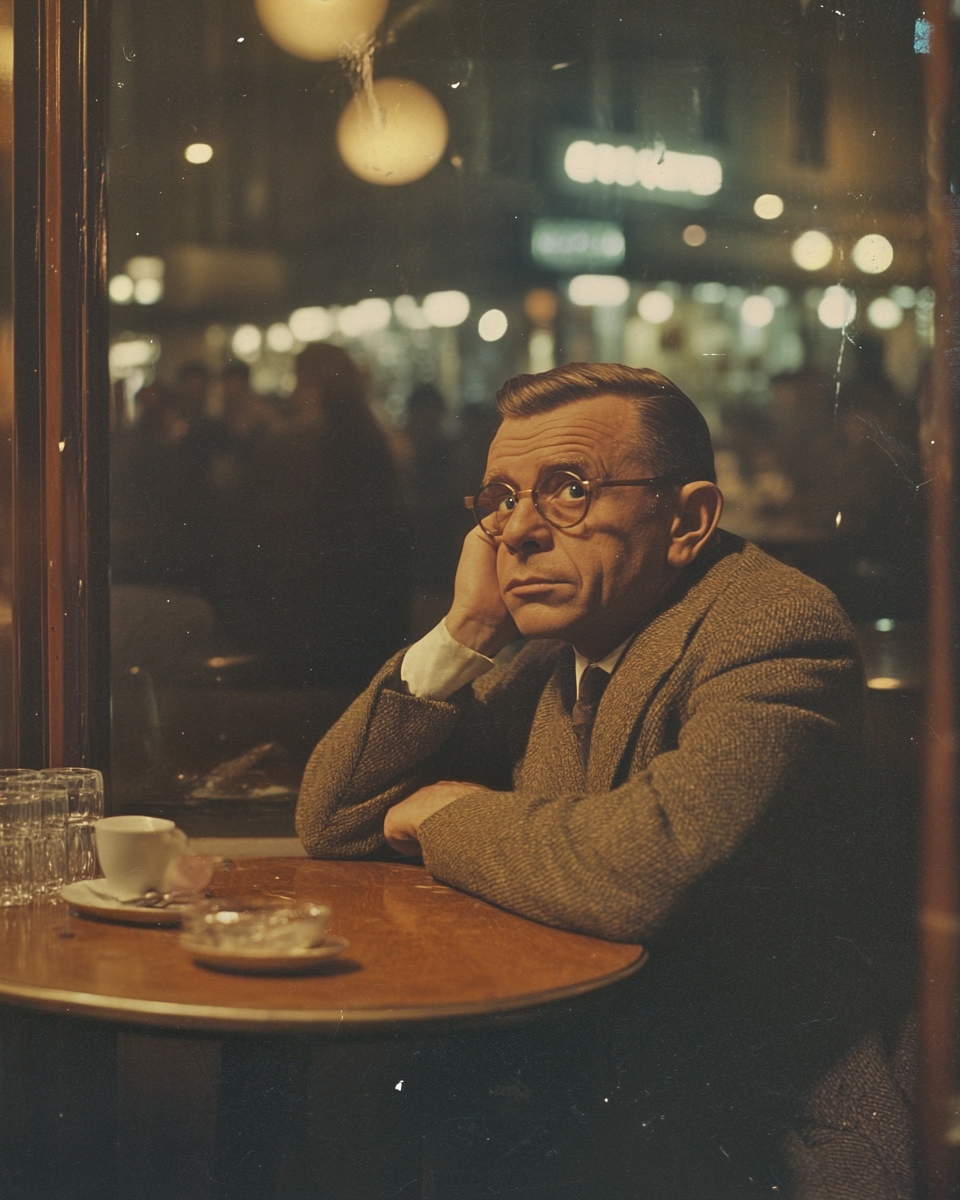 Jean-Paul Sartre contemplating in Parisian café in 1950s.