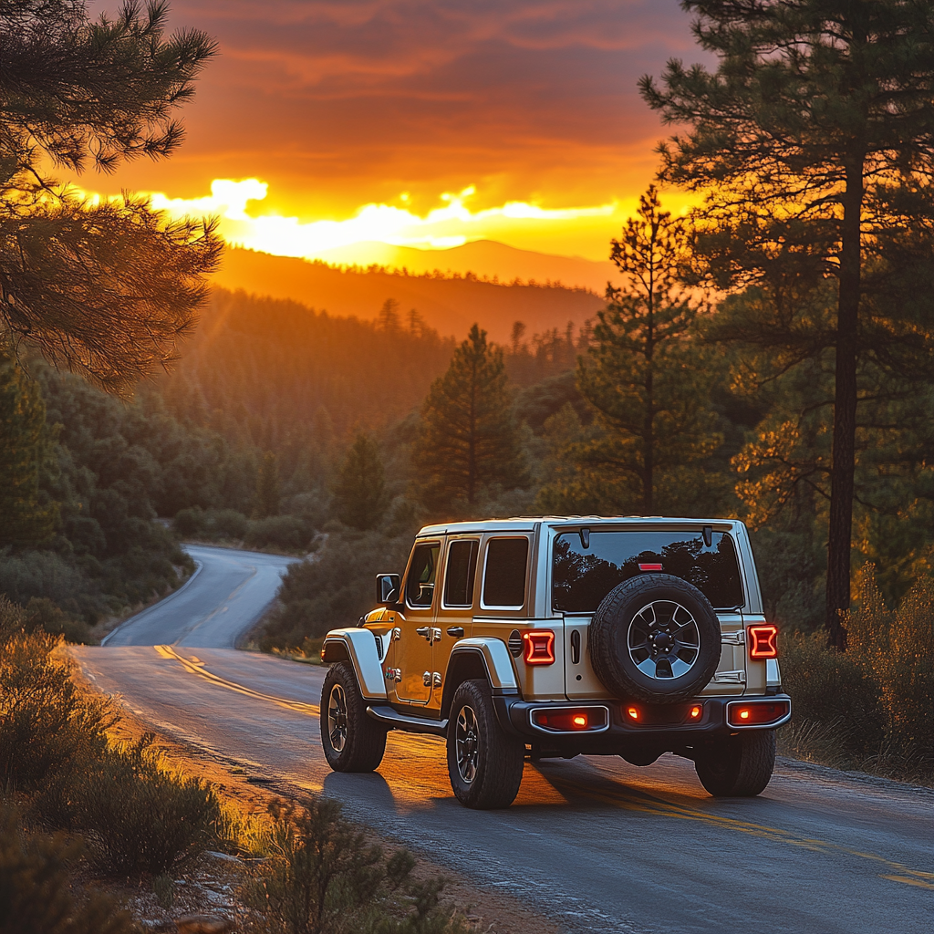 Jeep Wrangler driving into beautiful sunset