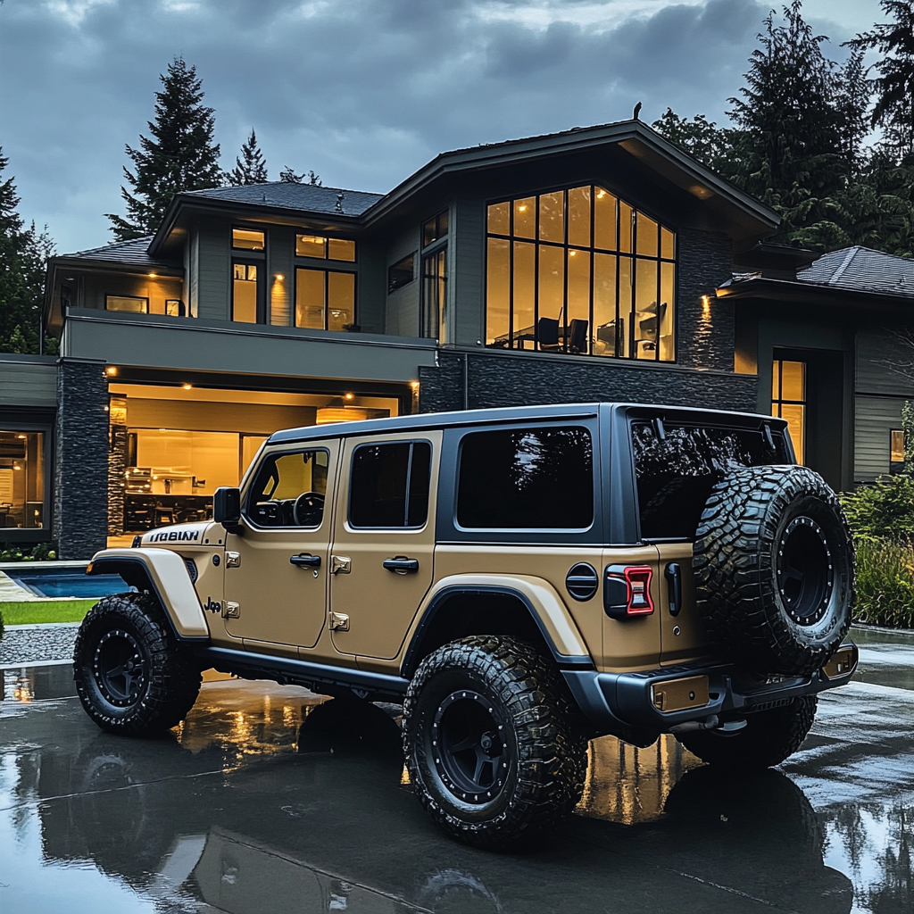 Jeep Wrangler parked in front of mansion in Seattle.