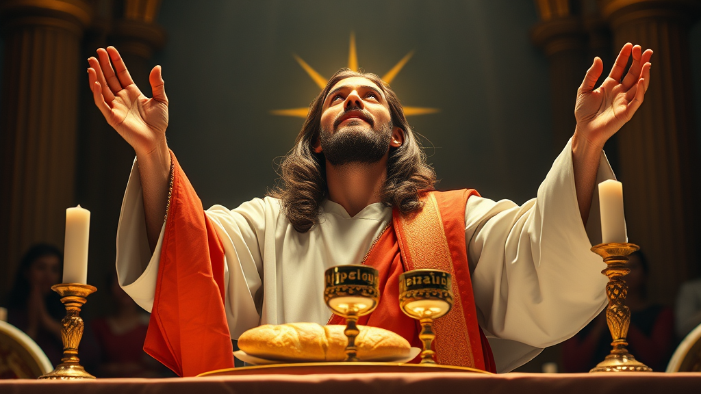 Jesus Celebrating Holy Mass with Bread and Chalice