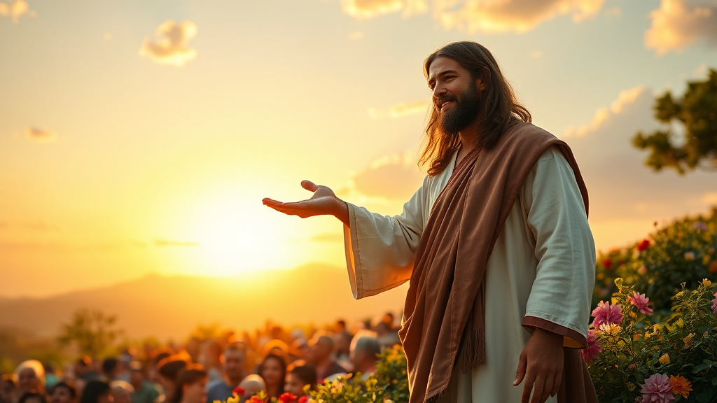 Jesus Christ Blessing Diverse Crowd at Sunset