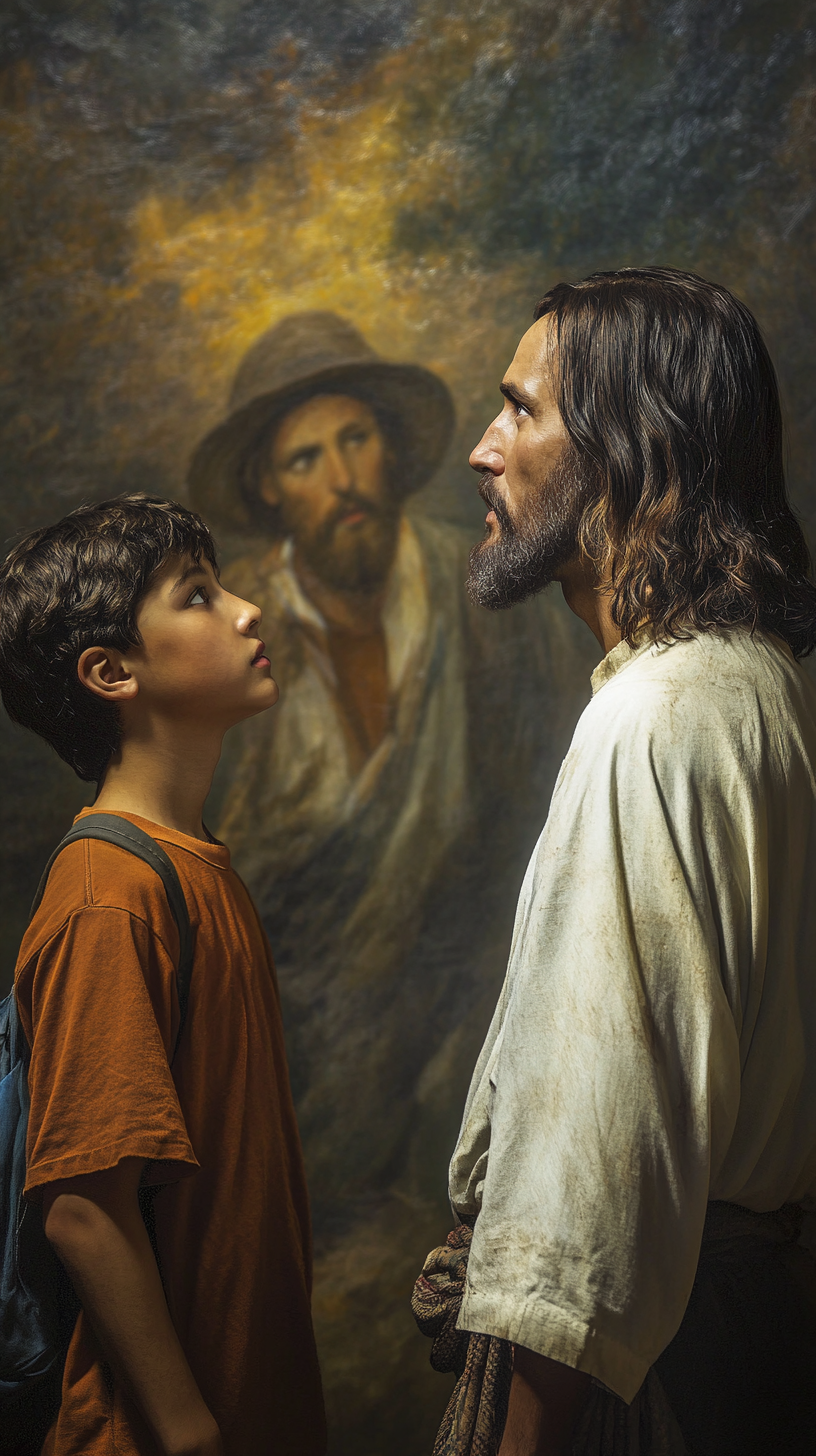 Jesus Christ watches Latin American boy return home.