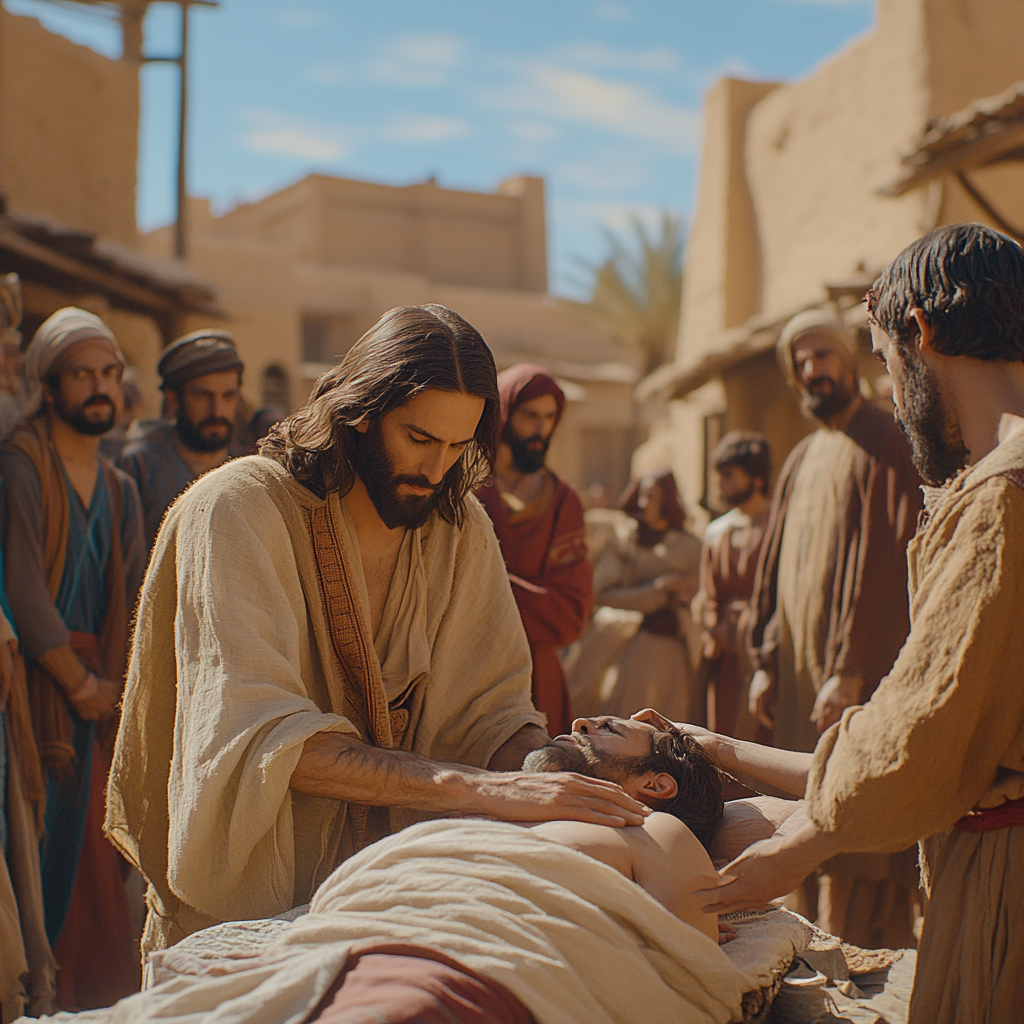 Jesus Healing a Sick Person in a Village