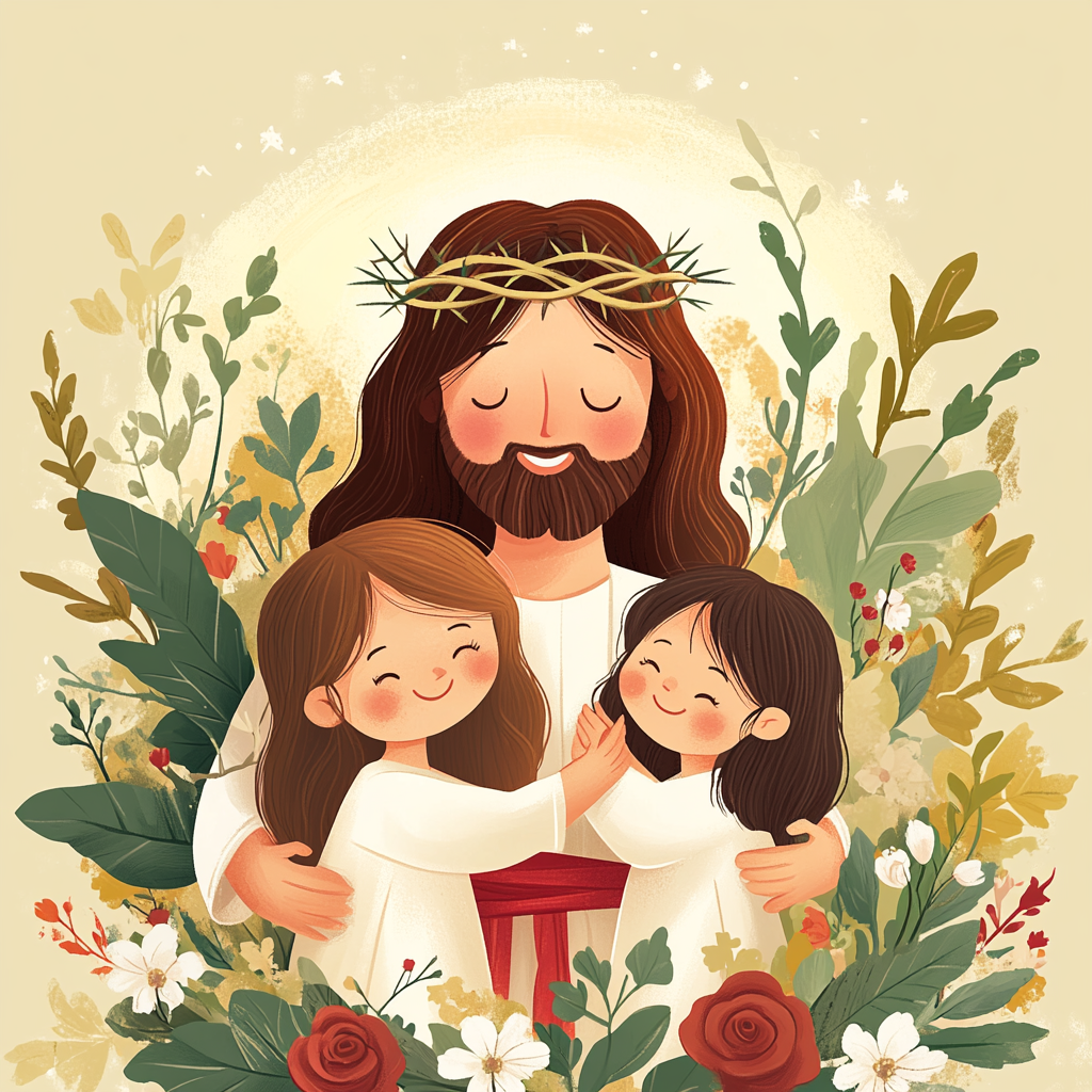 Jesus Holding Children in Floral Surrounding