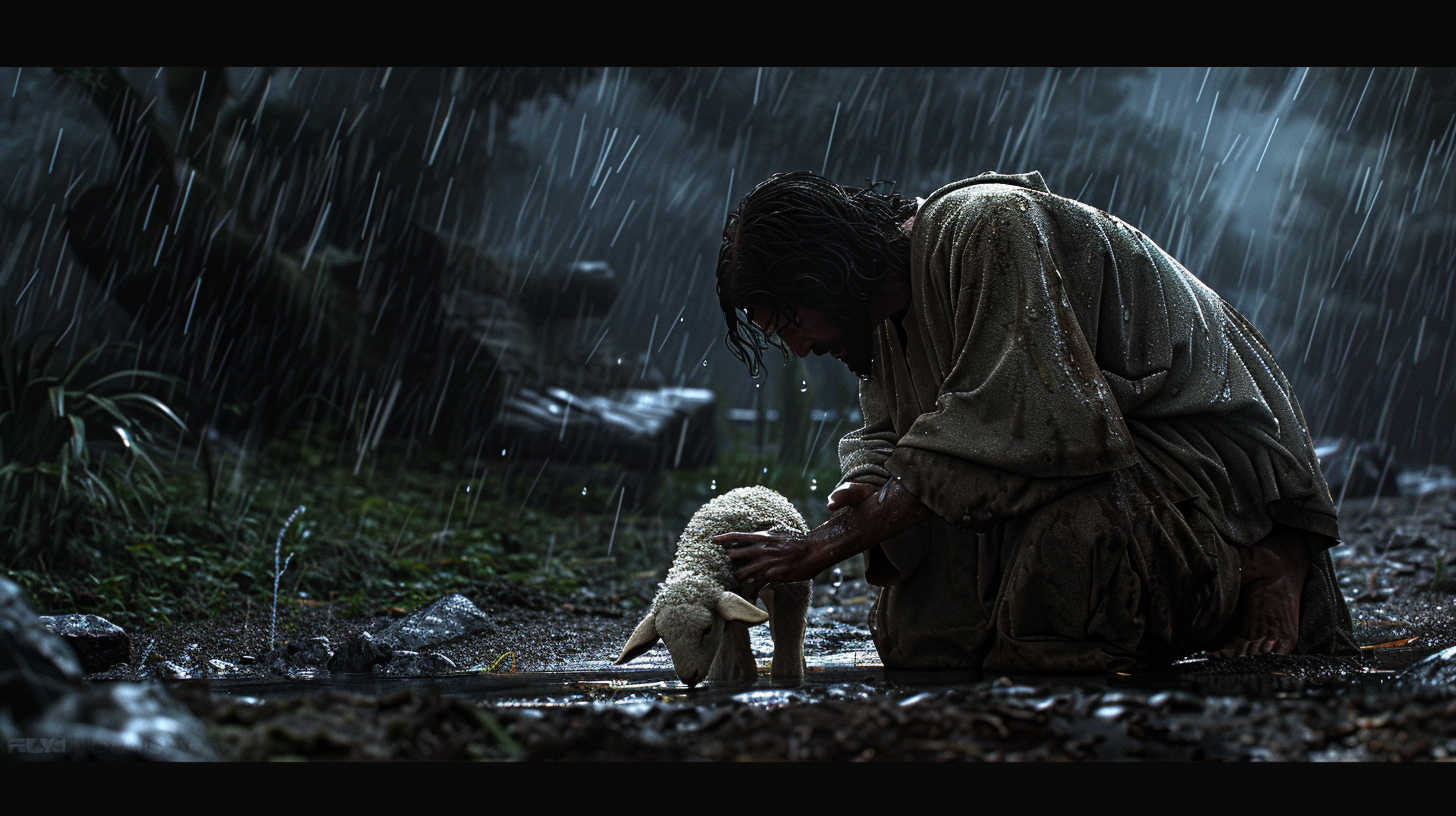 Jesus Saves Lost Lamb in Mud Storm, Detailed Art