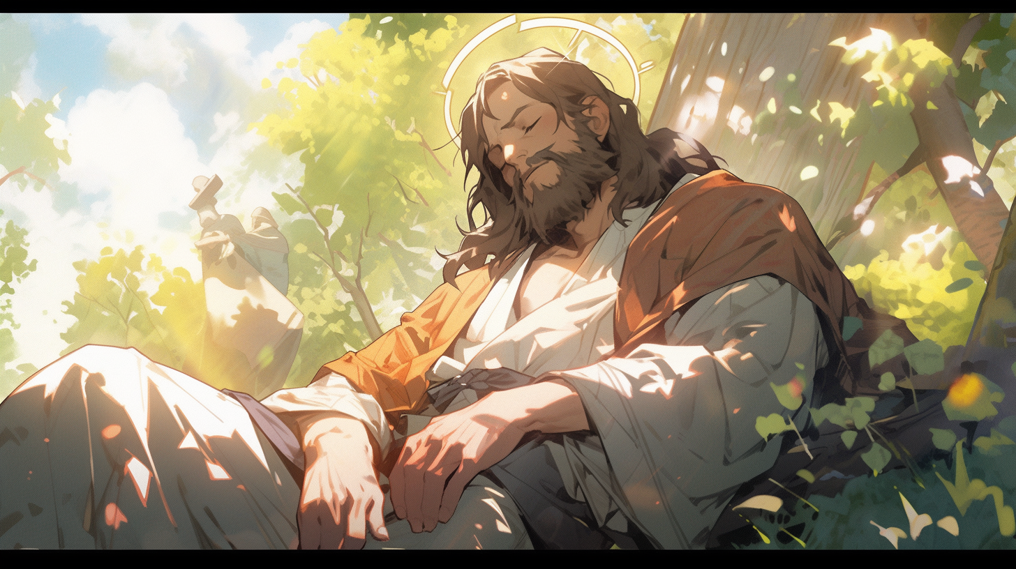 Jesus Sleeping by River in Bright, Detailed Image