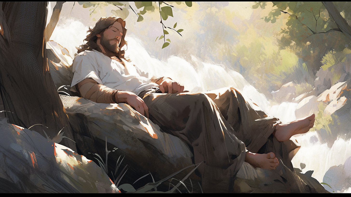 Jesus Sleeping by River in Bright Colors