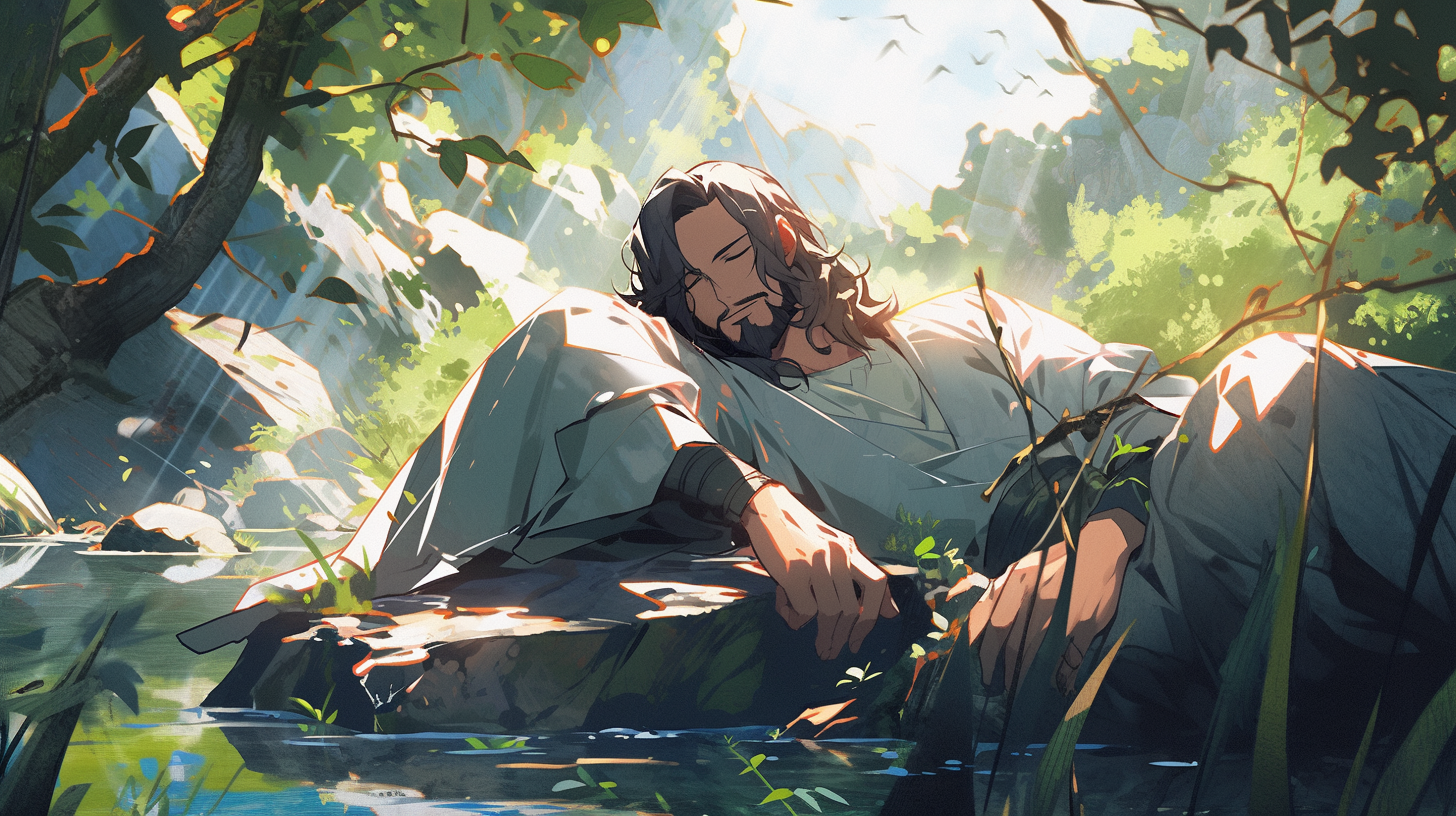 Jesus Sleeping by the River in Bright Colors.