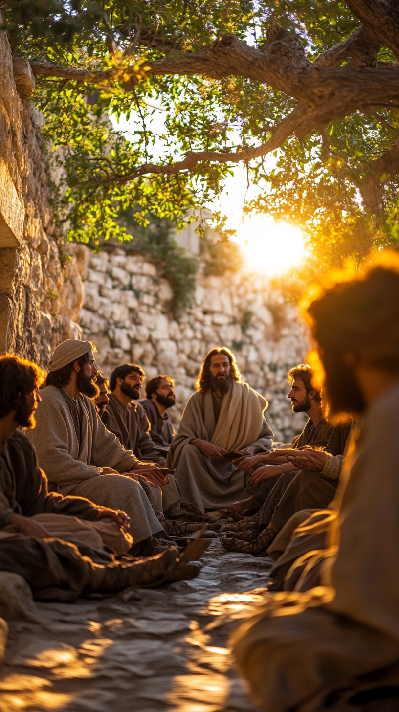 Jesus and disciples having Bible study in Jerusalem.