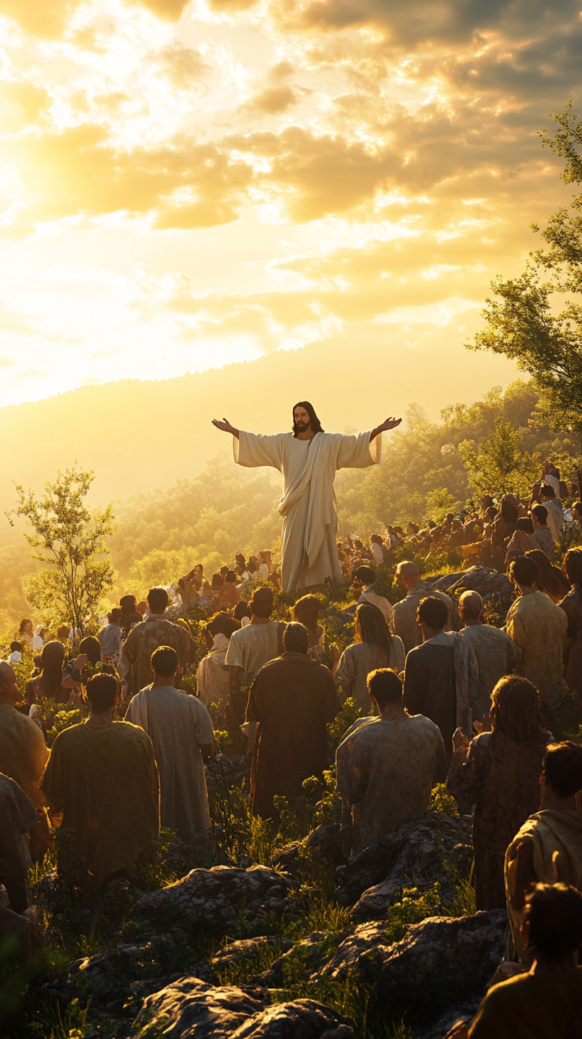 Jesus blessing a crowd at golden hour in cinema.