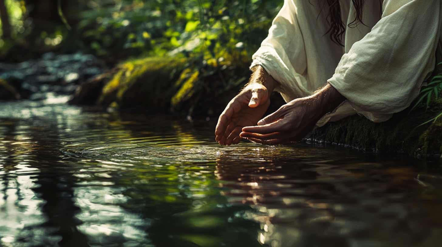 Jesus by calm river shows inner peace.