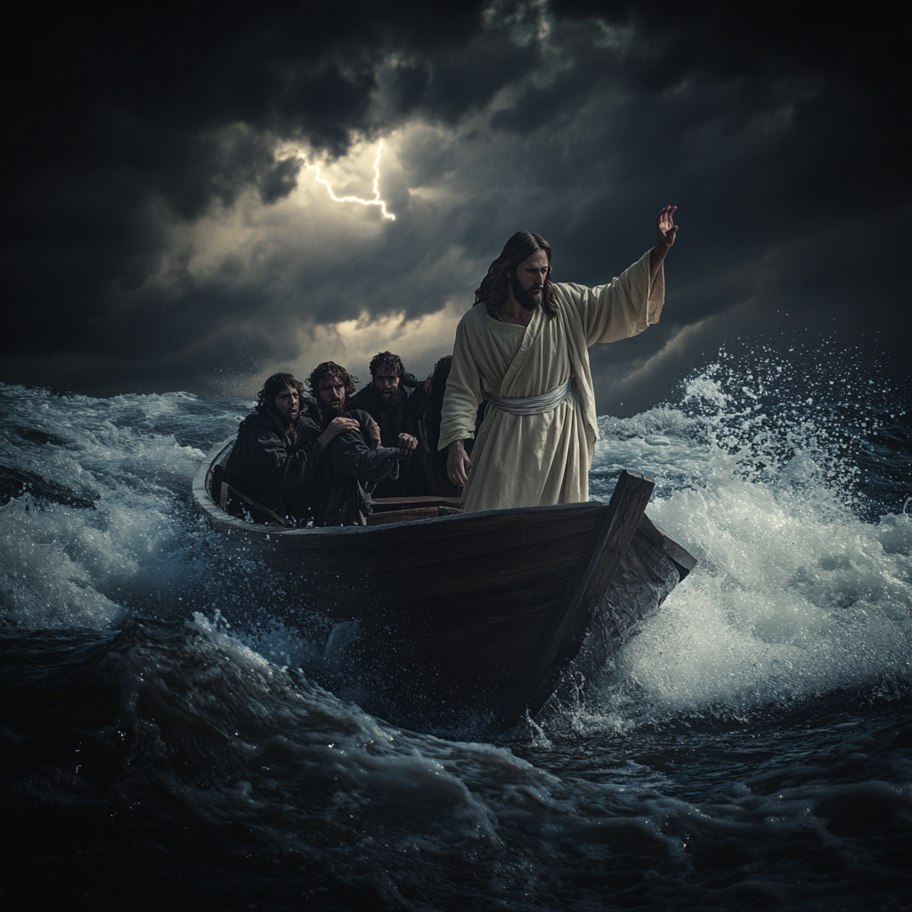 Jesus calms disciples' fears during storm at sea.