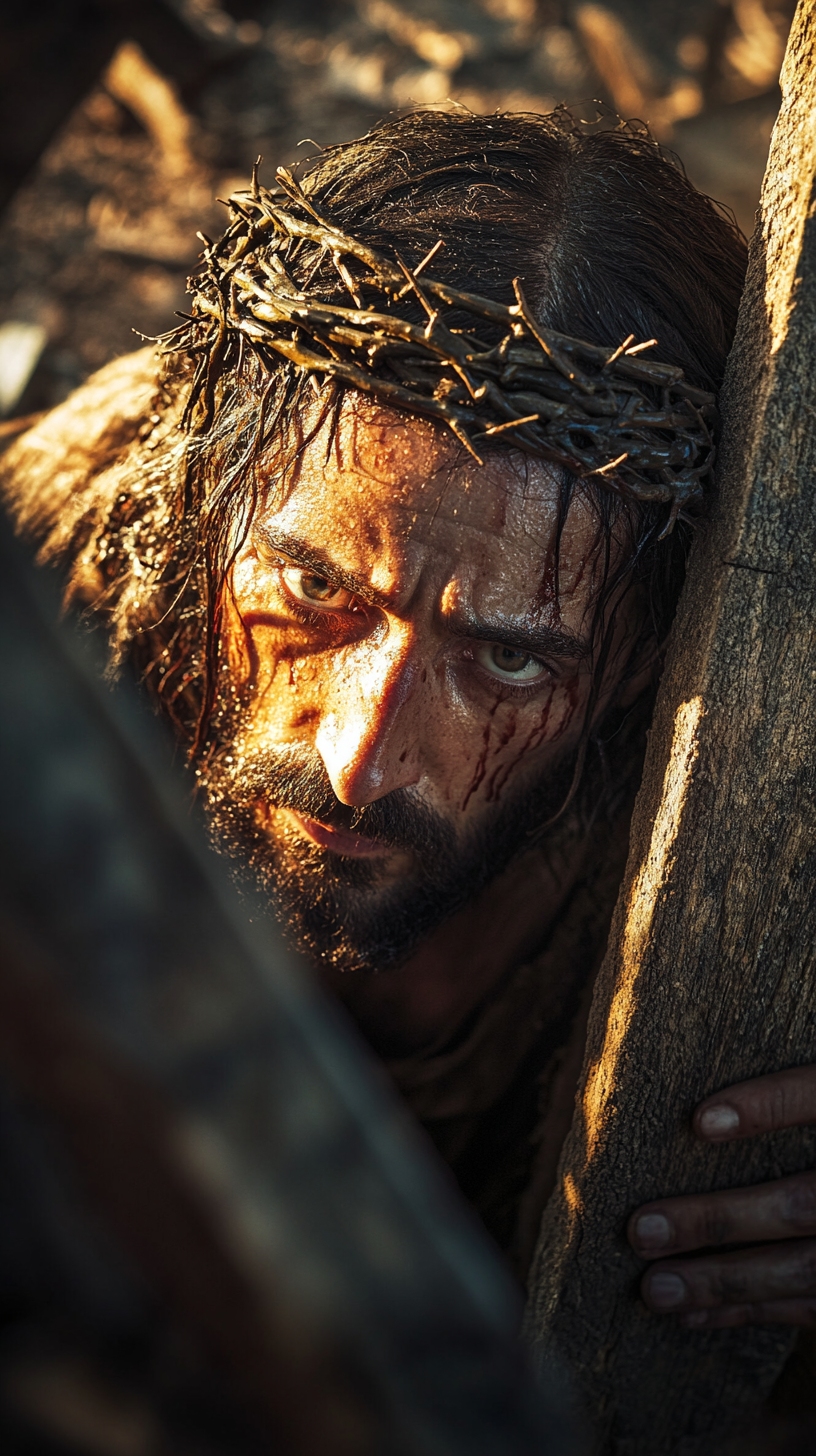 Jesus carrying cross in detailed HDR aerial view.