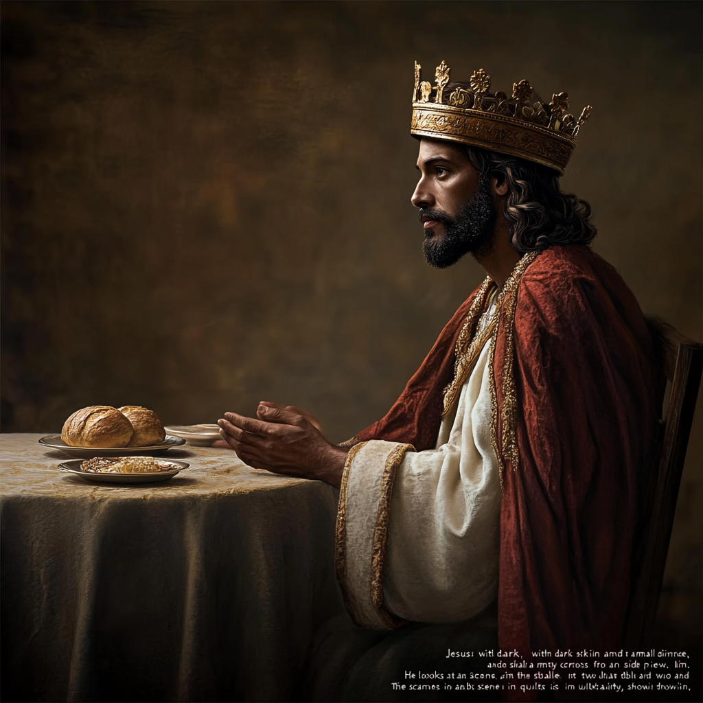 Jesus in golden crown at dinner table