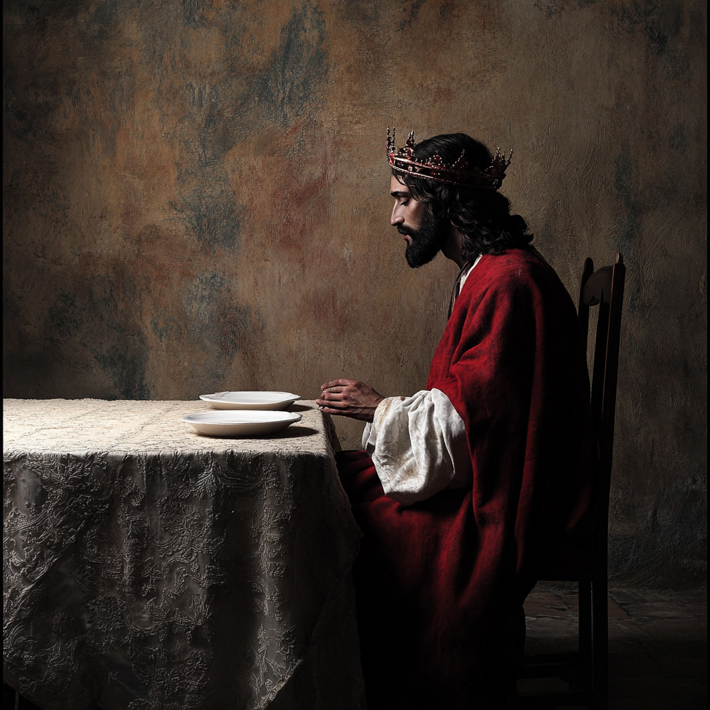 Jesus in red cape waits at table