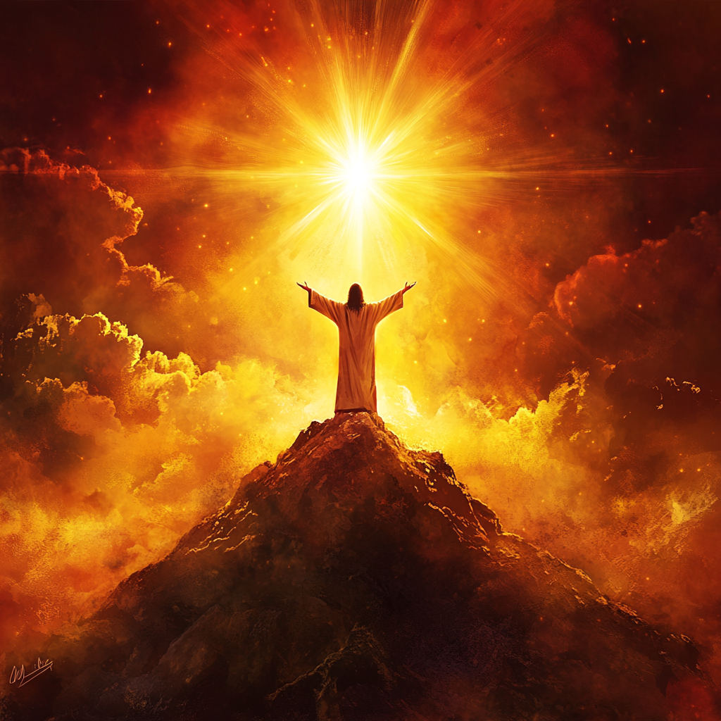 Jesus reaching towards heavenly light on serene hilltop.