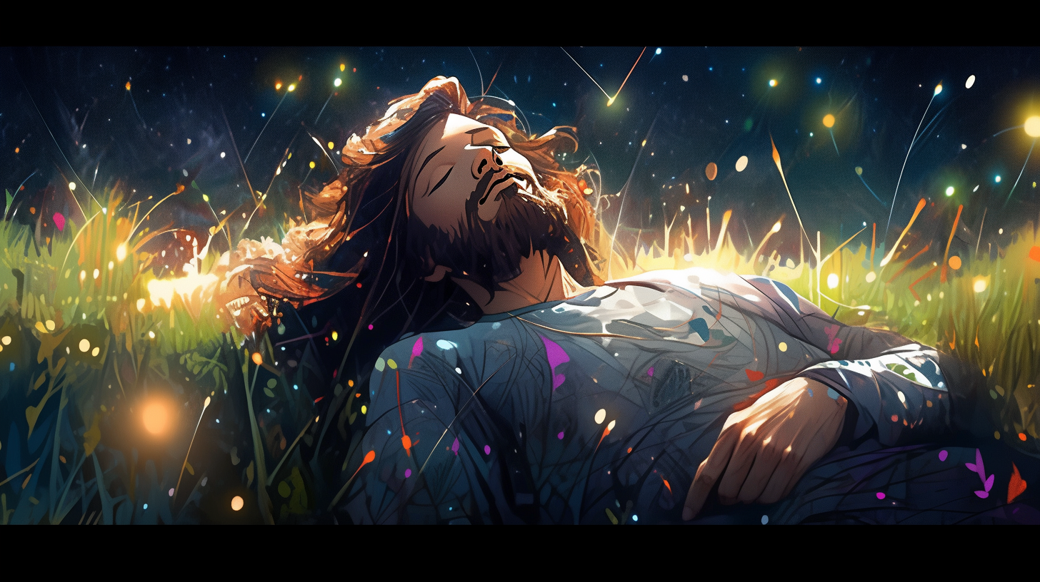 Jesus sleeping on grass field under stars.