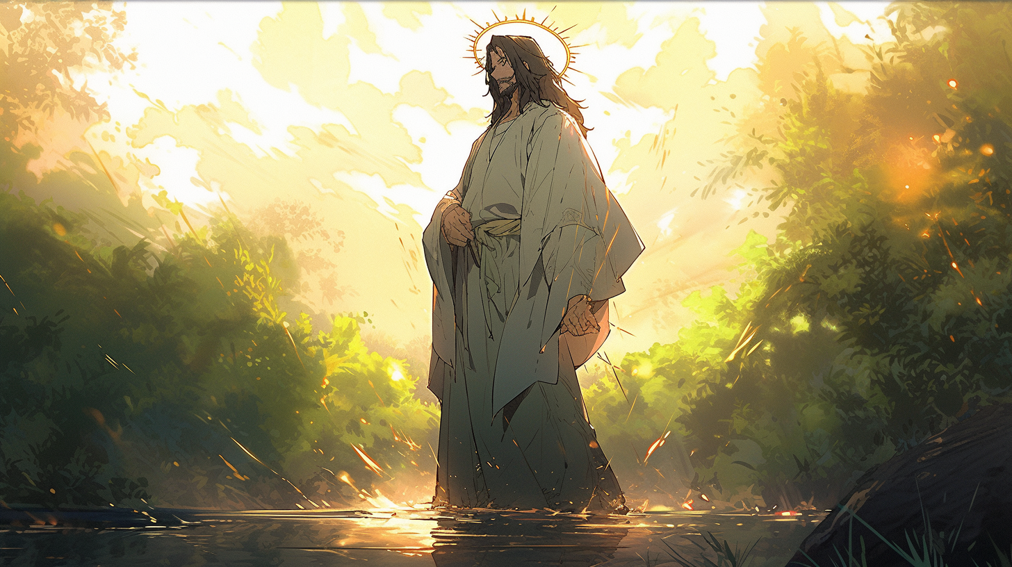 Jesus standing by water on sunny grass field.