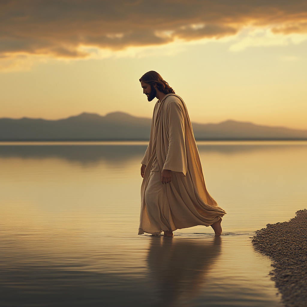 Jesus walking on shore at sunrise, serene and calm.