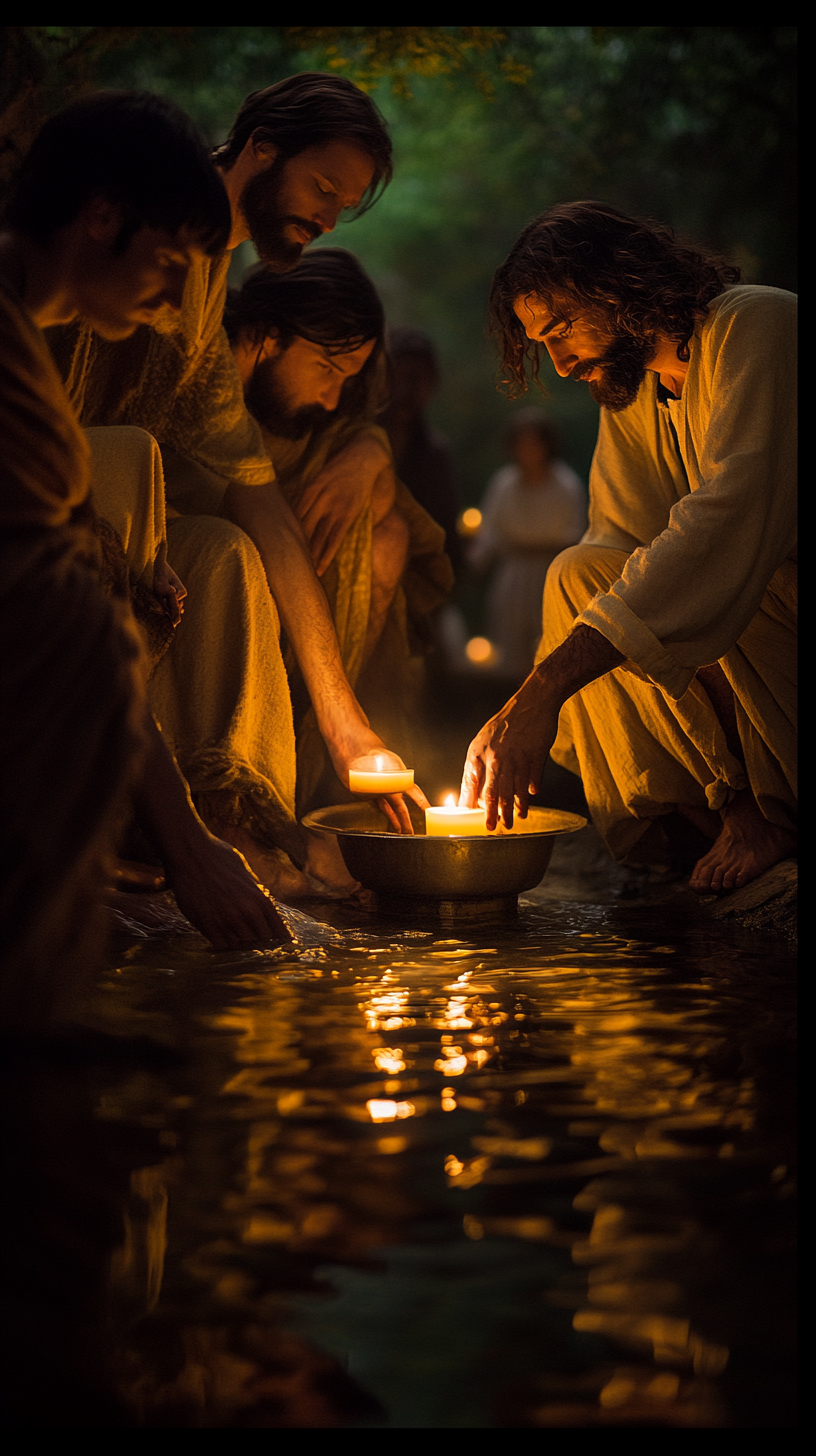 Jesus washing disciples' feet in glowing, detailed golden hour image.