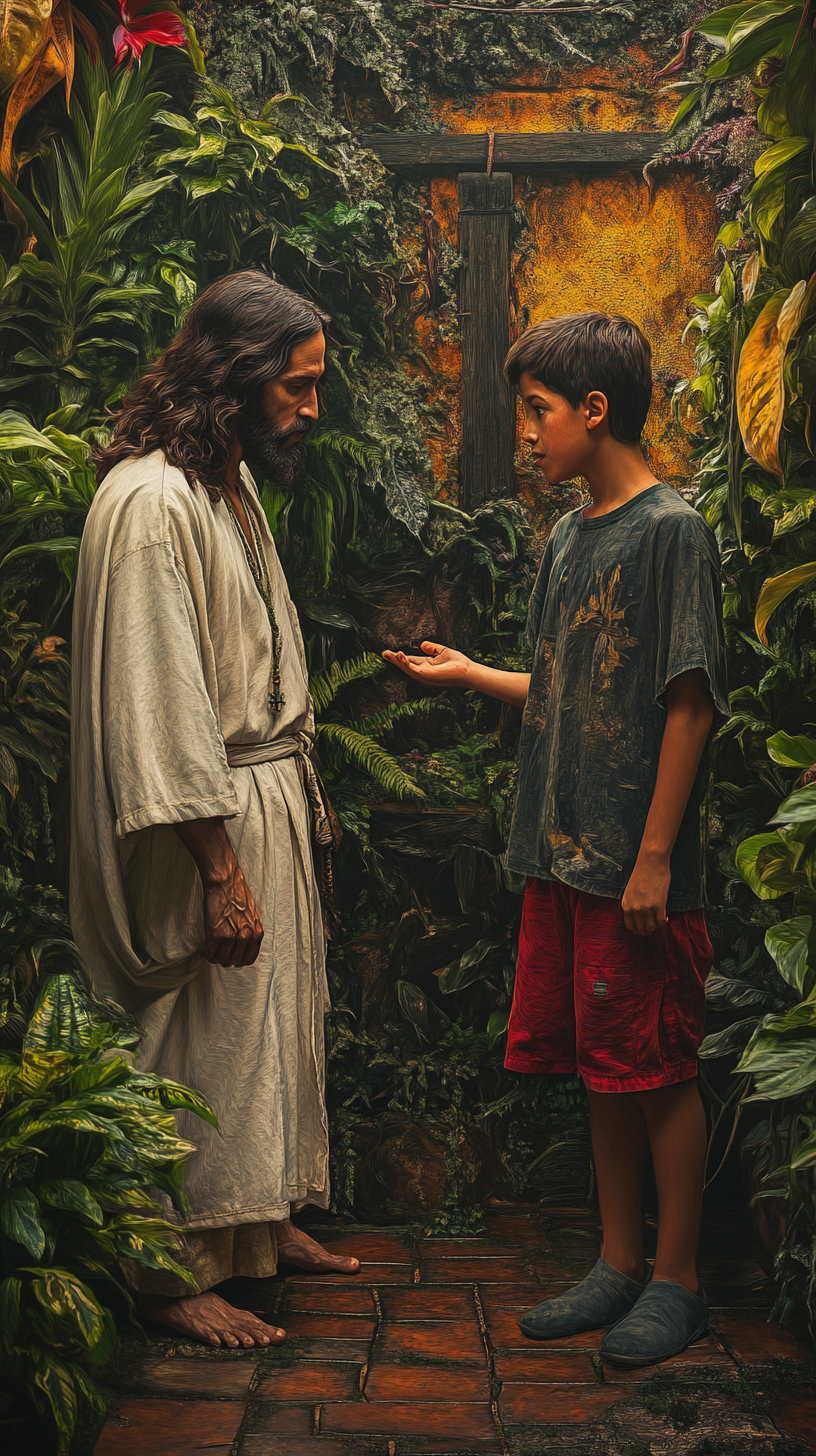 Jesus watches Latin American boy returning from college.