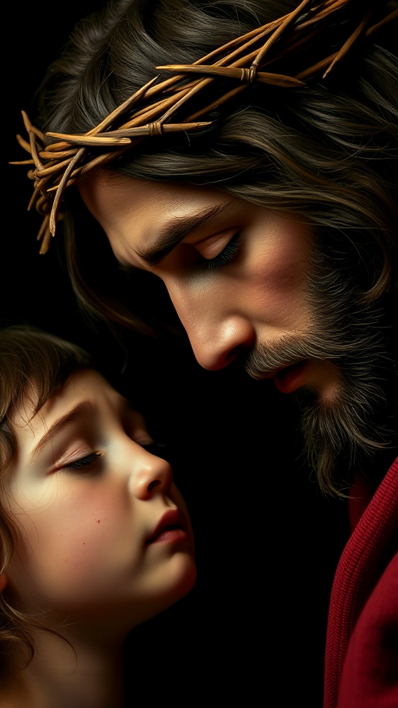 Jesus with Crown of Thorns comforts Crying Girl