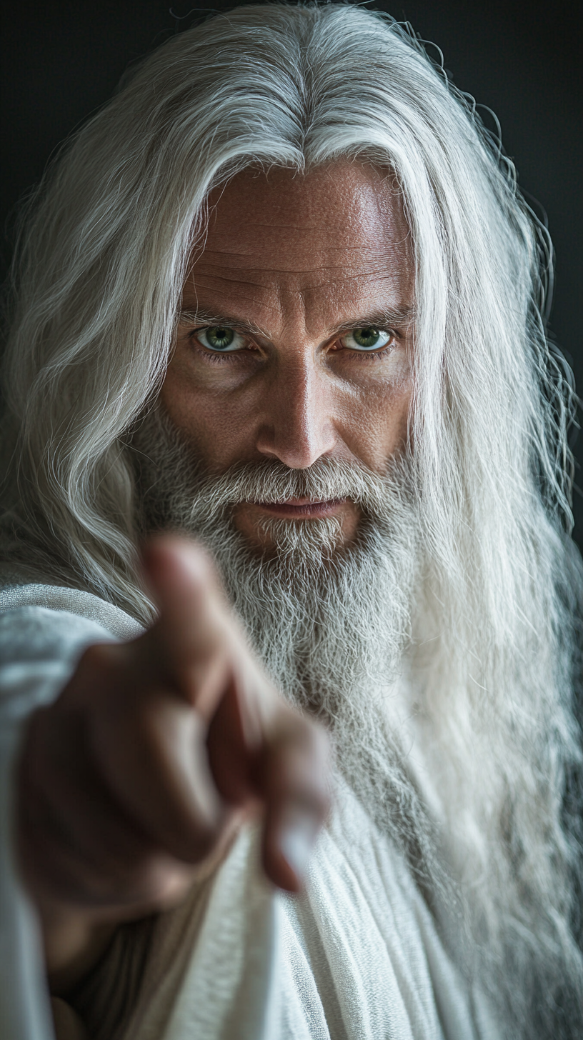 Jesus with white hair, green eyes, pointing at camera