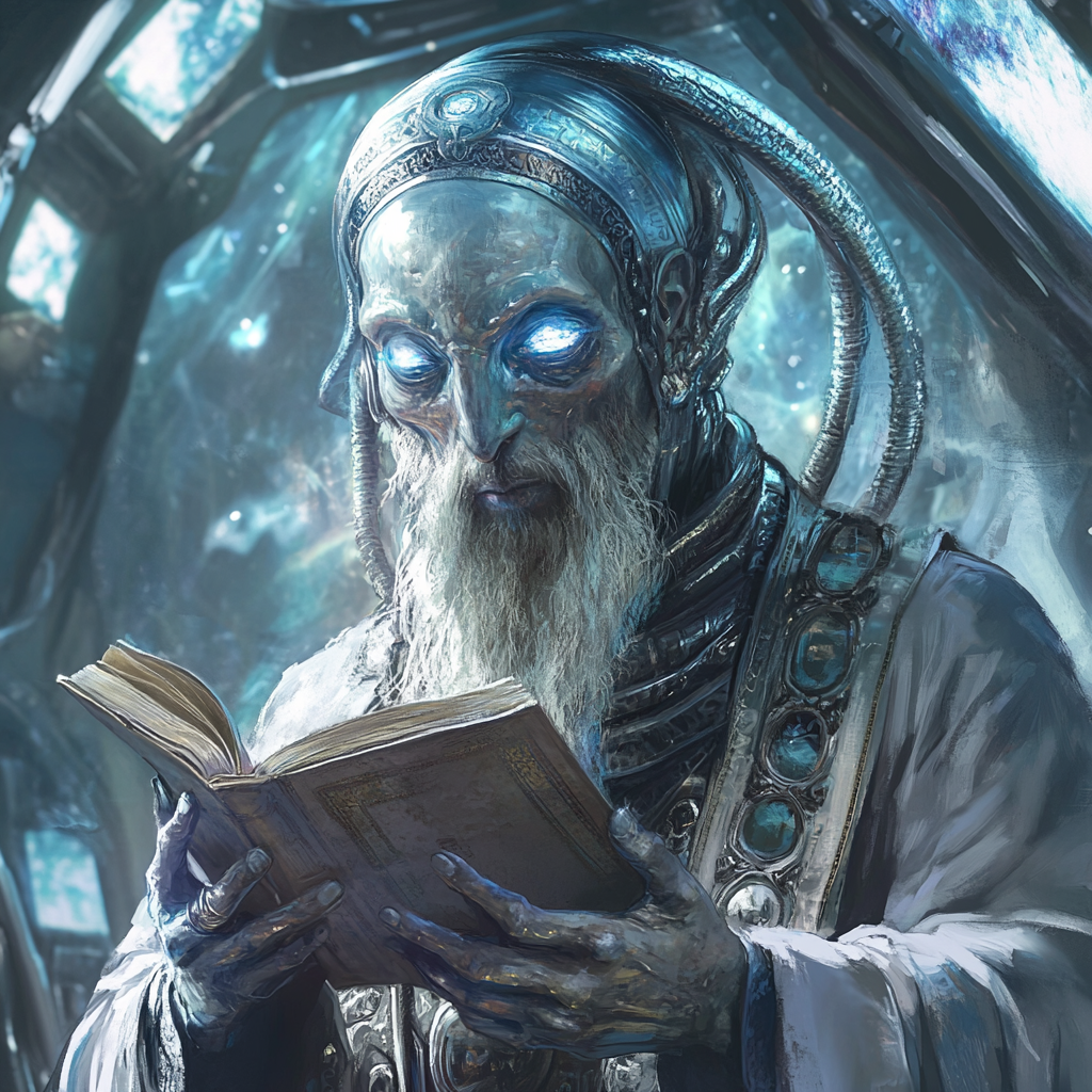 Jewish space alien holding Talmud inside spaceship, watching you.