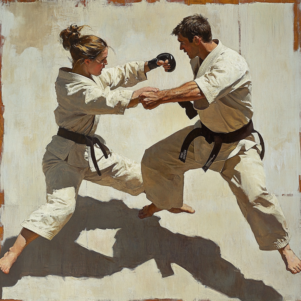 Jiujitsu Sparring: Man and Woman Wrestling, Norman Rockwell Style 