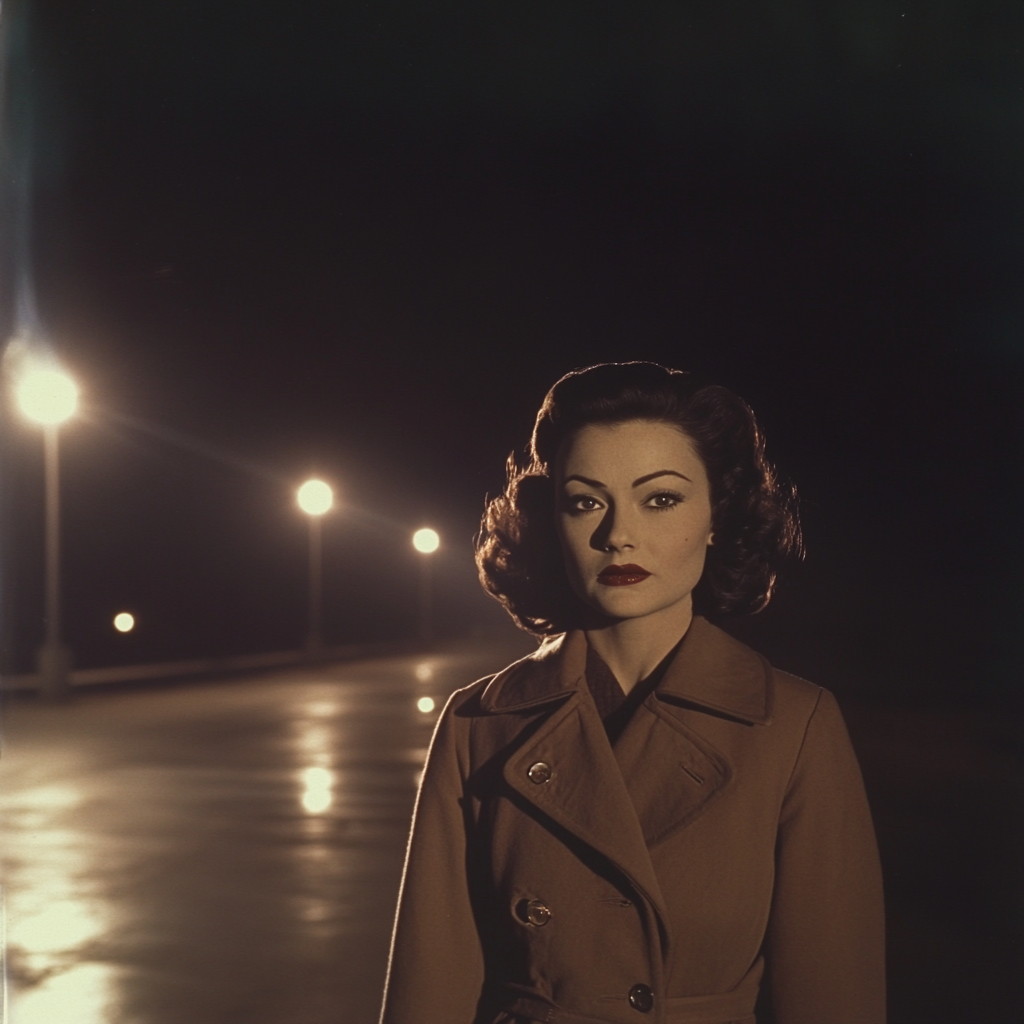 Joan Crawford in a trench coat at pier at night