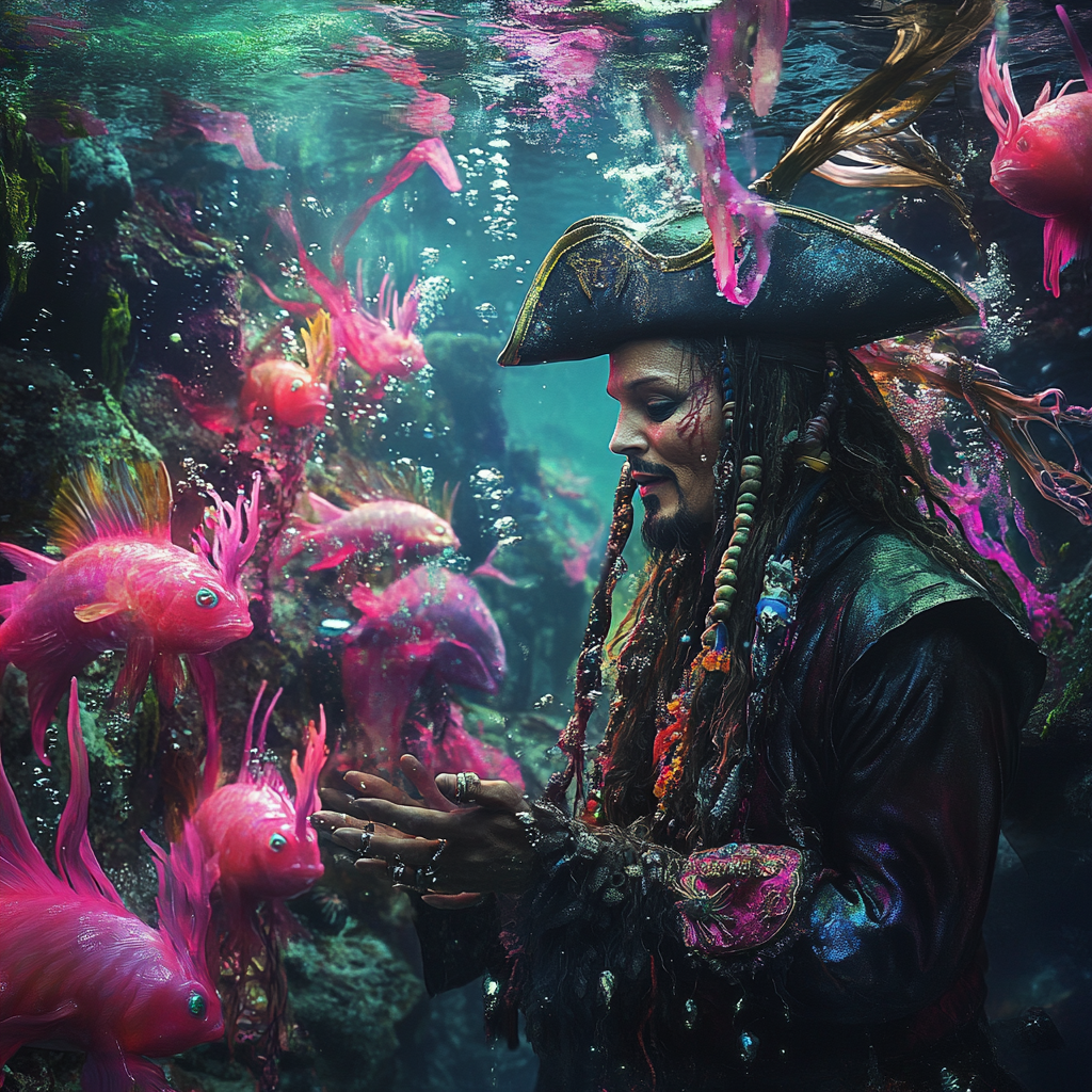 Johnny Depp as pirate talking to mermaid queen