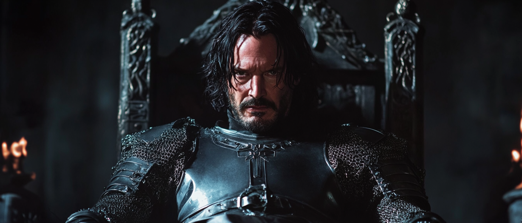 Johnwick in Medieval Armor on Throne Looking Down