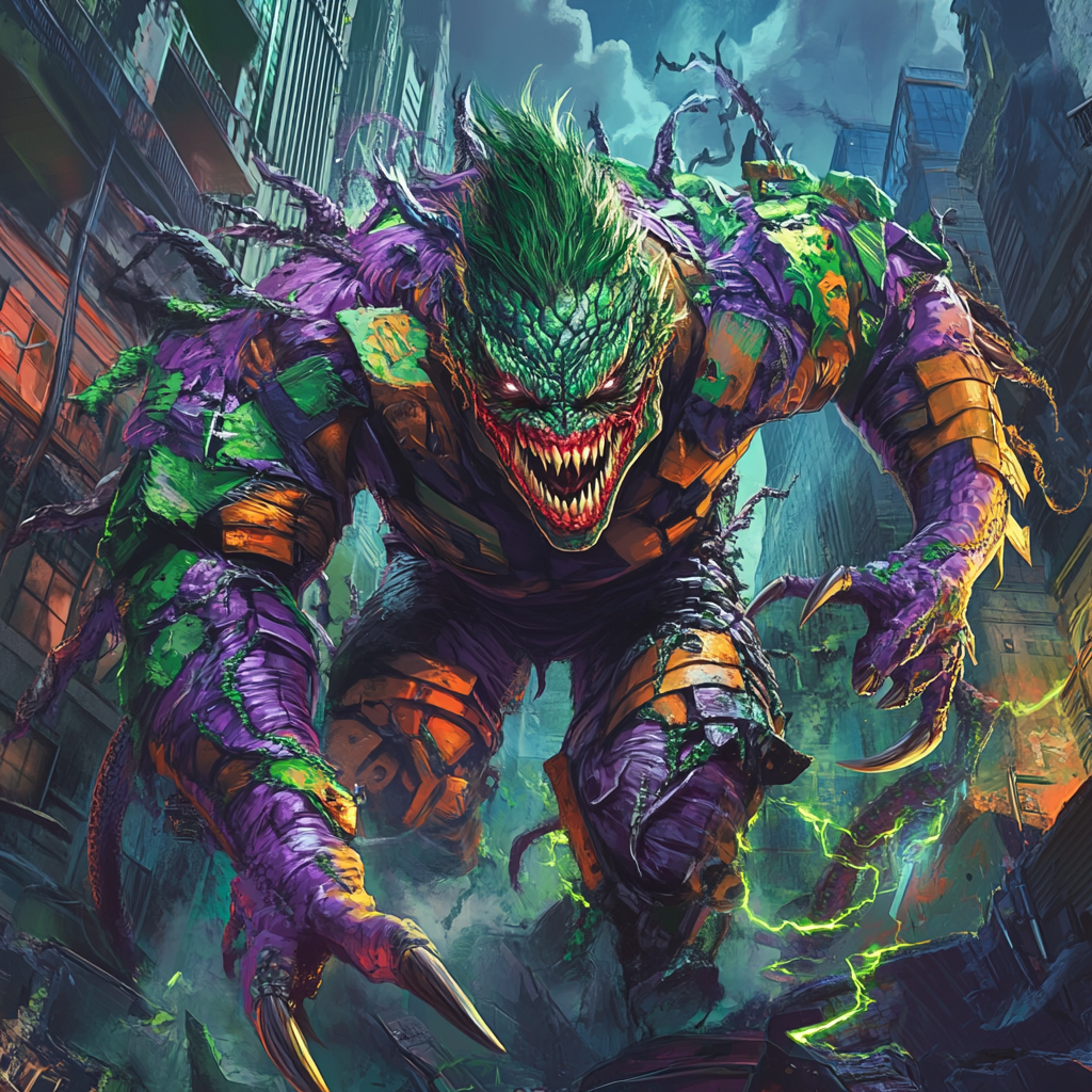 Joker-Godzilla fusion in chaotic Gotham City scene. Nightmarish!