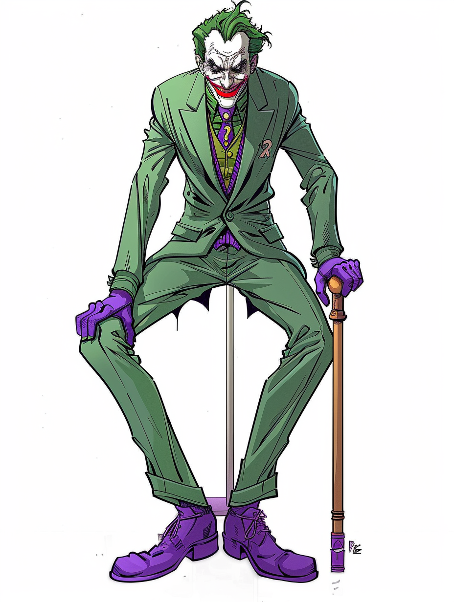 Joker from Batman wearing purple suit and cane.