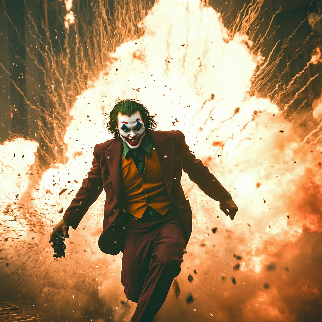 Joker holds grenade in explosive action scene.