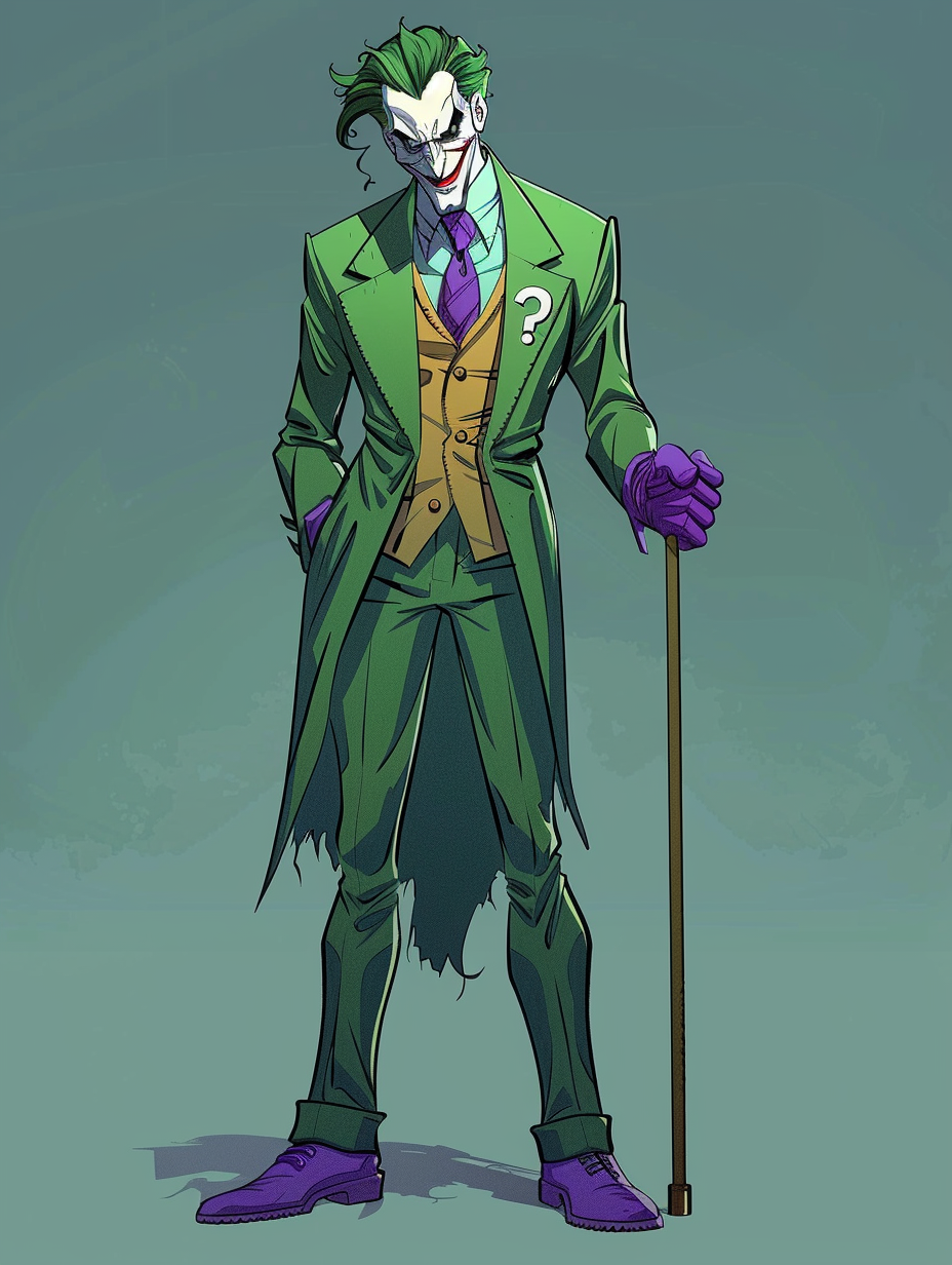 Joker in green suit, purple tie, purple accessories.