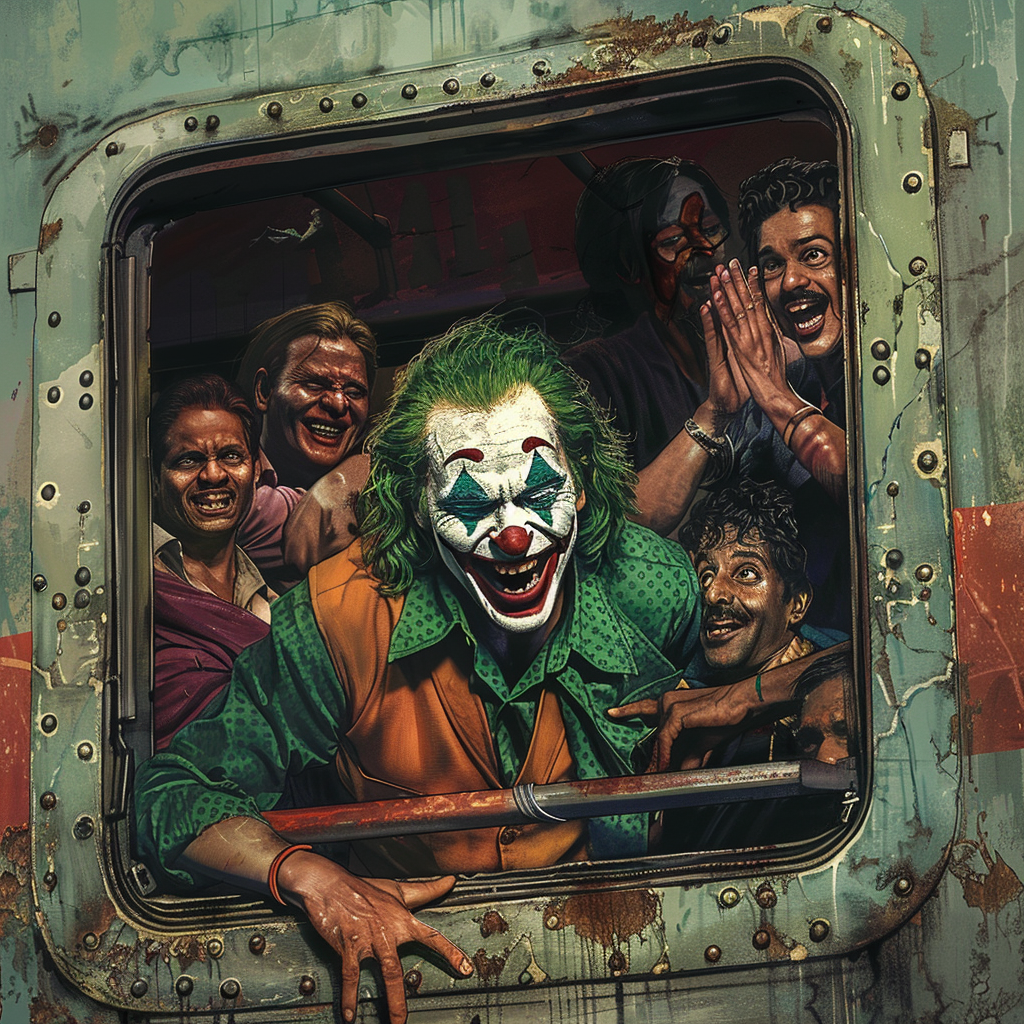 Joker laughs at Indian commuters on crowded train.