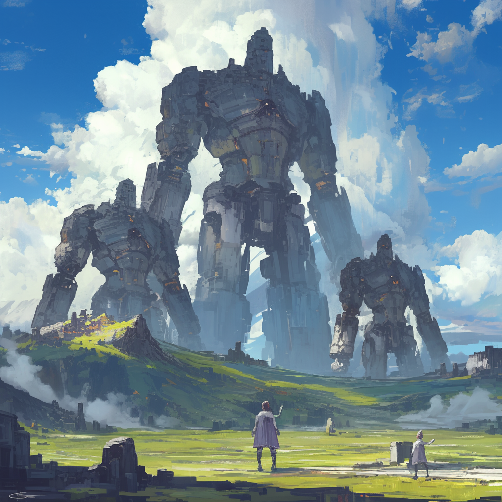 Journey towards mountain blocked by three colossal robots.