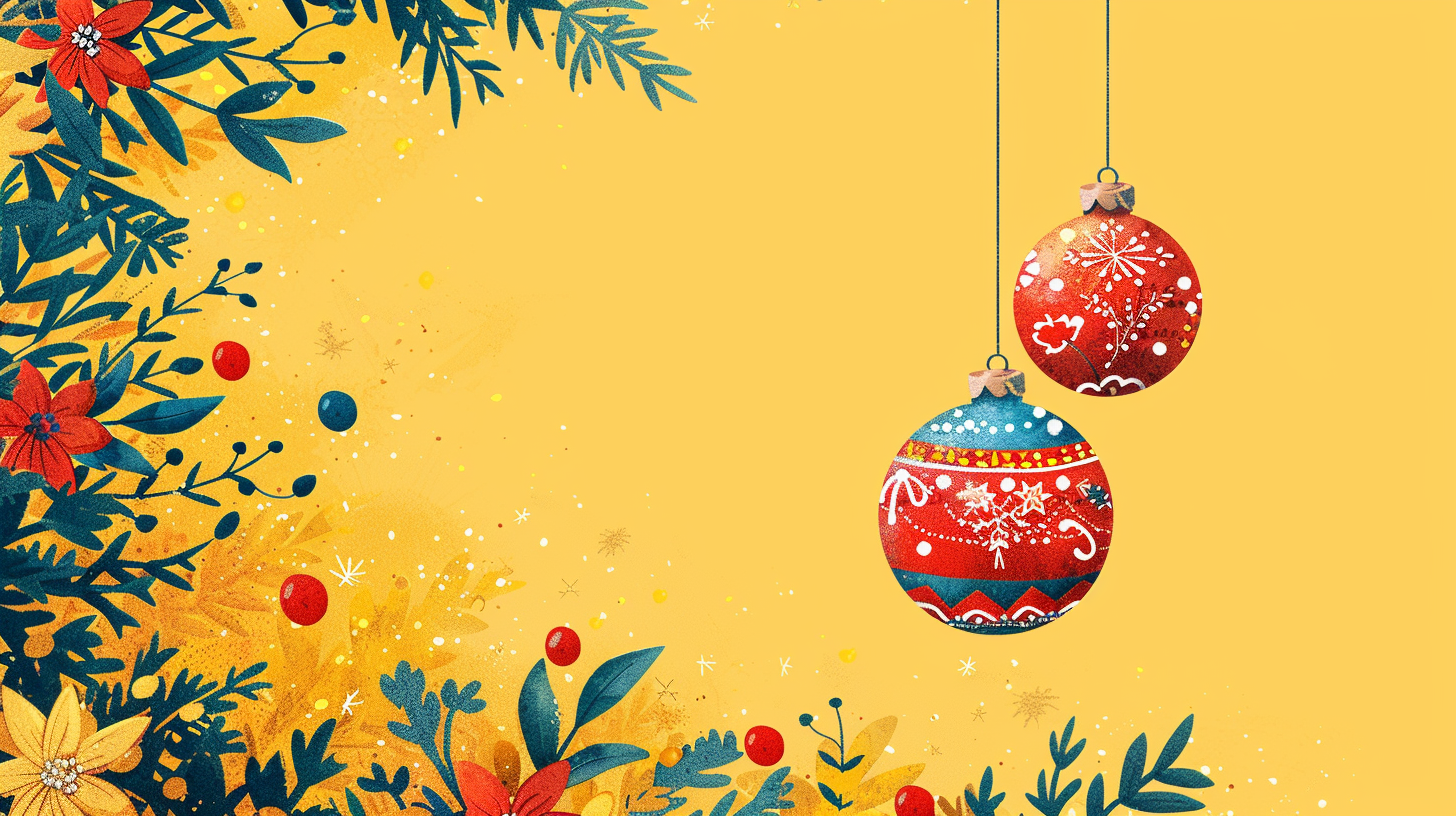 Joyful Christmas ornaments on vibrant yellow background.